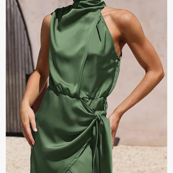 NWT PRETTYGARDEN Women's Formal Satin Dress Sleeveless Mock Neck Tie Waist, L - Picture 3 of 8